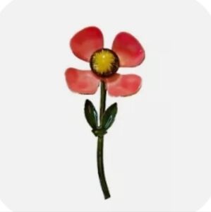 Original By Robert Glossy Pink Flower Brooch w/Green Stem Yellow Center  Vintage